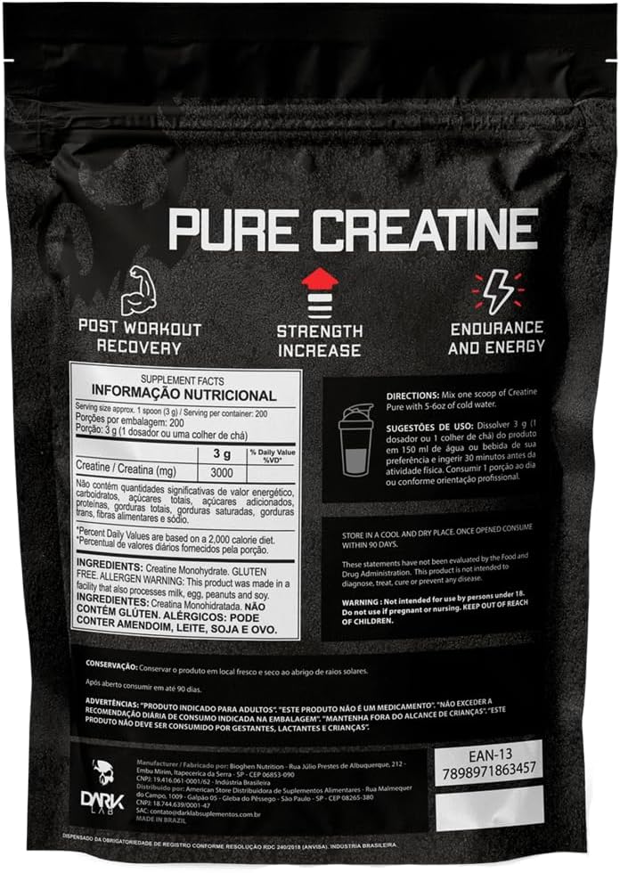 Creatina Pura Dark Lab, Monohidratada 100% de Pureza, Sem Glúten, Sem Sabor (500g) - Imagem 5